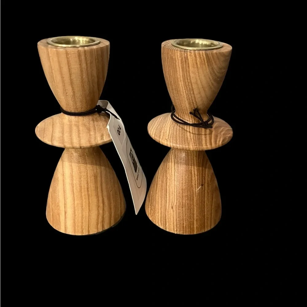 NWT West Elm Wood Taper Candle Stick Holder #2352 ~ Set of 2